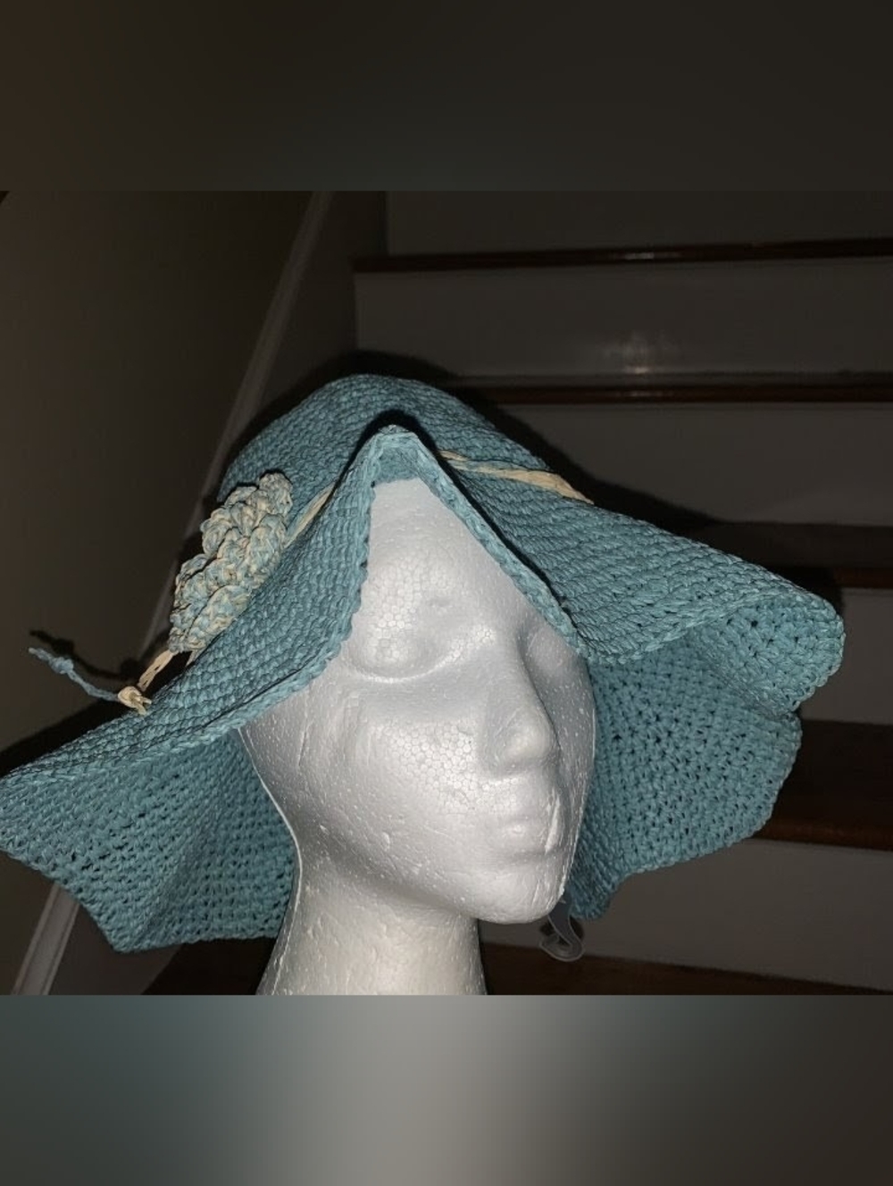 Boho Light Turquoise Brim Floppy Crochet Sun Hat with Floral Accent Women's